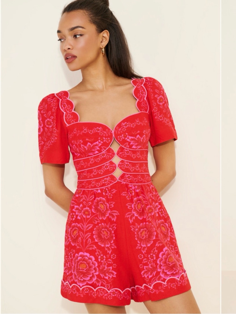 FARM Rio Olivia Red Floral Puff-Sleeve Mini Romper
